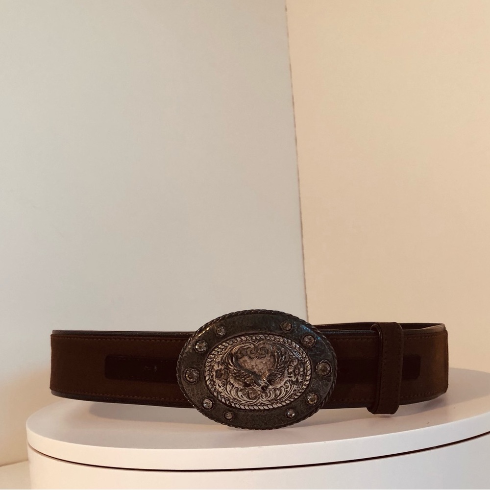LANVIN Paris Belt Eagle Crystal Buckle Silk Leather Size M